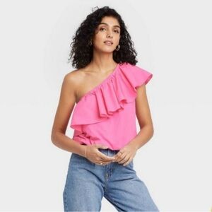 a new day Bright Pink One-Shoulder Ruffle Blouse